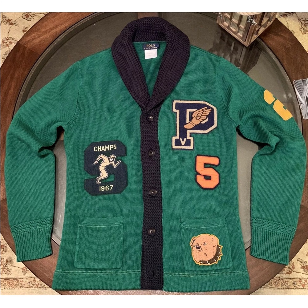 Ralph Lauren Sz Med Varsity Shawl Cardigan Sweater